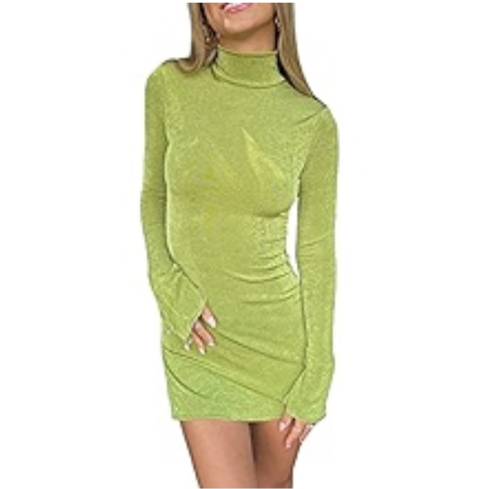 Green Ruched Mock Neck Bodycon Dress